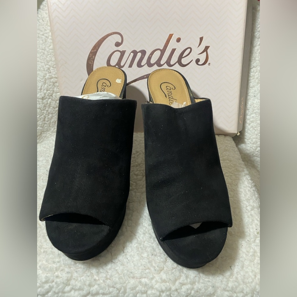 Like New - Faux Suede Black Open-Toe Mules Size 10